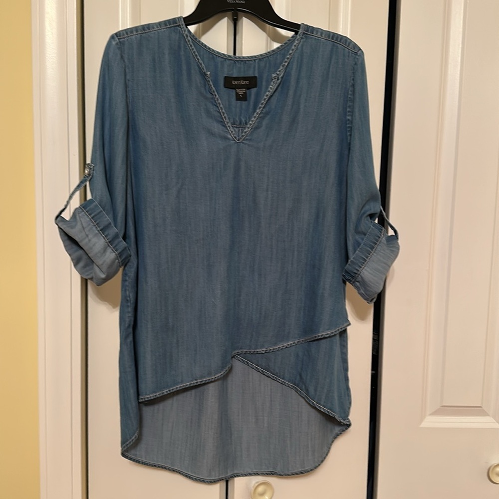 Karen Kane Blue Chambray Tunic Top L Asymmetrical High Low Made in USA - Picture 3 of 6